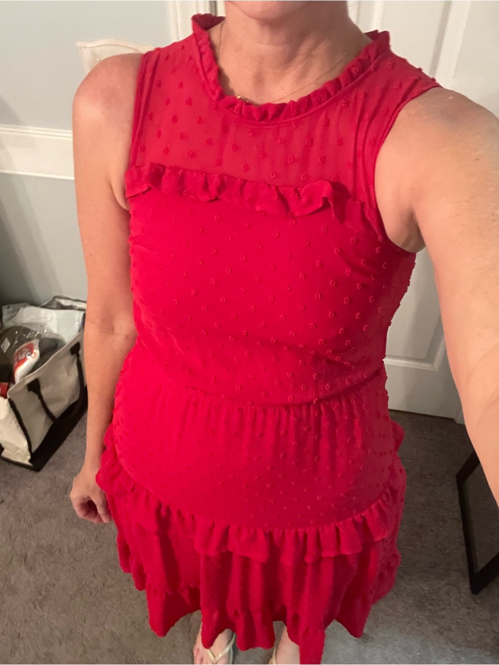 Monteau Red Ruffle Swiss Dot Mini Dress